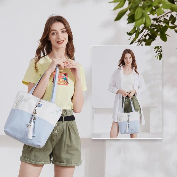 Elegant Vintage Silk Pattern Shoulder Handbag Tote Bag with Pendant and Tassels - Picture 7 of 8